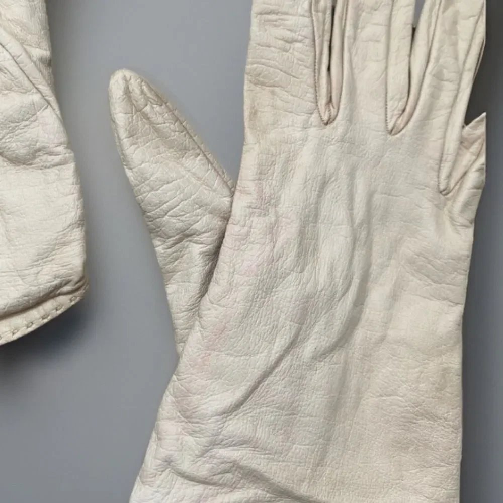 Rare 60s Vintage Christian Dior Leather Gloves Silk Lined Sz Small Ivory Cream